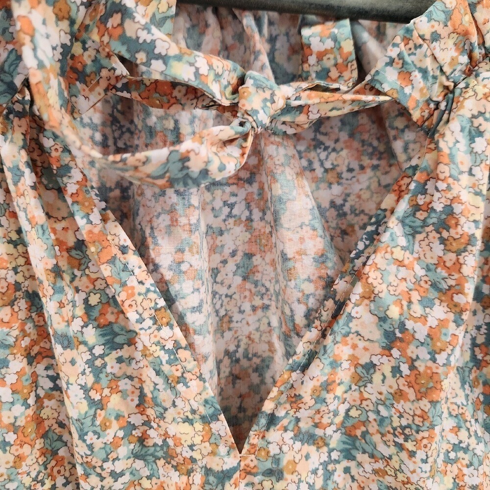 Rails XXL Womens Ditsy Floral Tie Neck Blouse Peach Green Cotton Balloon Sleeve - Picture 4 of 9